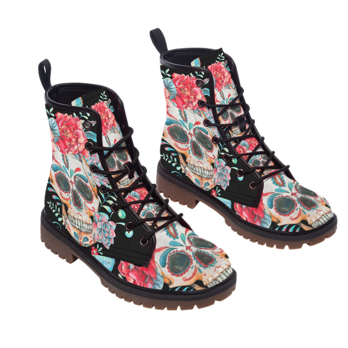 Floral rose skull Men's Women's Martin Short Boots, Halloween skeleton skull boot shoes