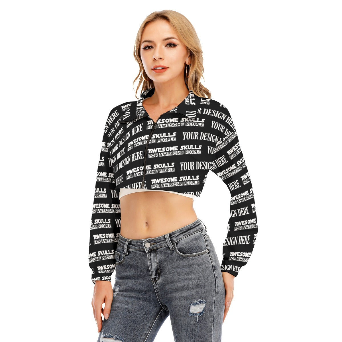 Custom print on demand pod Women's Hoodie Lapel Collar Cropped Sweatshirt With Long Sleeve