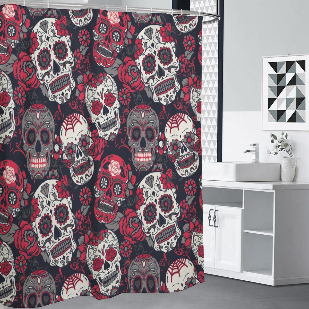 Dia de los muertos sugar skull Shower Curtains 150(gsm), floral skull skeleton shower curtains