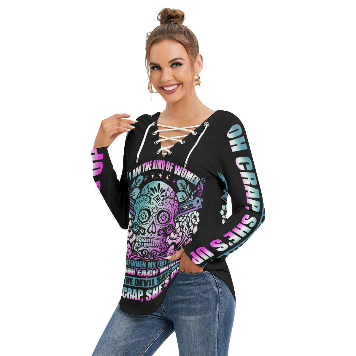 Sugar skull Women's Long Sleeve Neckline Tie Sweatshirt