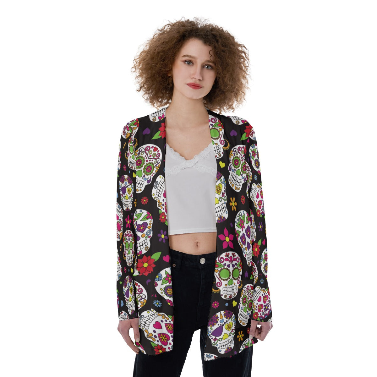 Sugar skull All-Over Print Women's Patch Pocket Cardigan