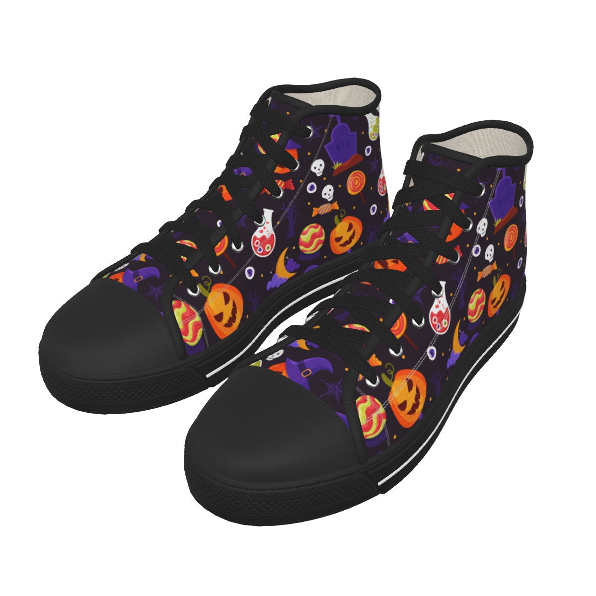 Halloween Women's Black Sole Canvas Shoes, Halloween costume shoes, Gothic skull pumpkin shoes