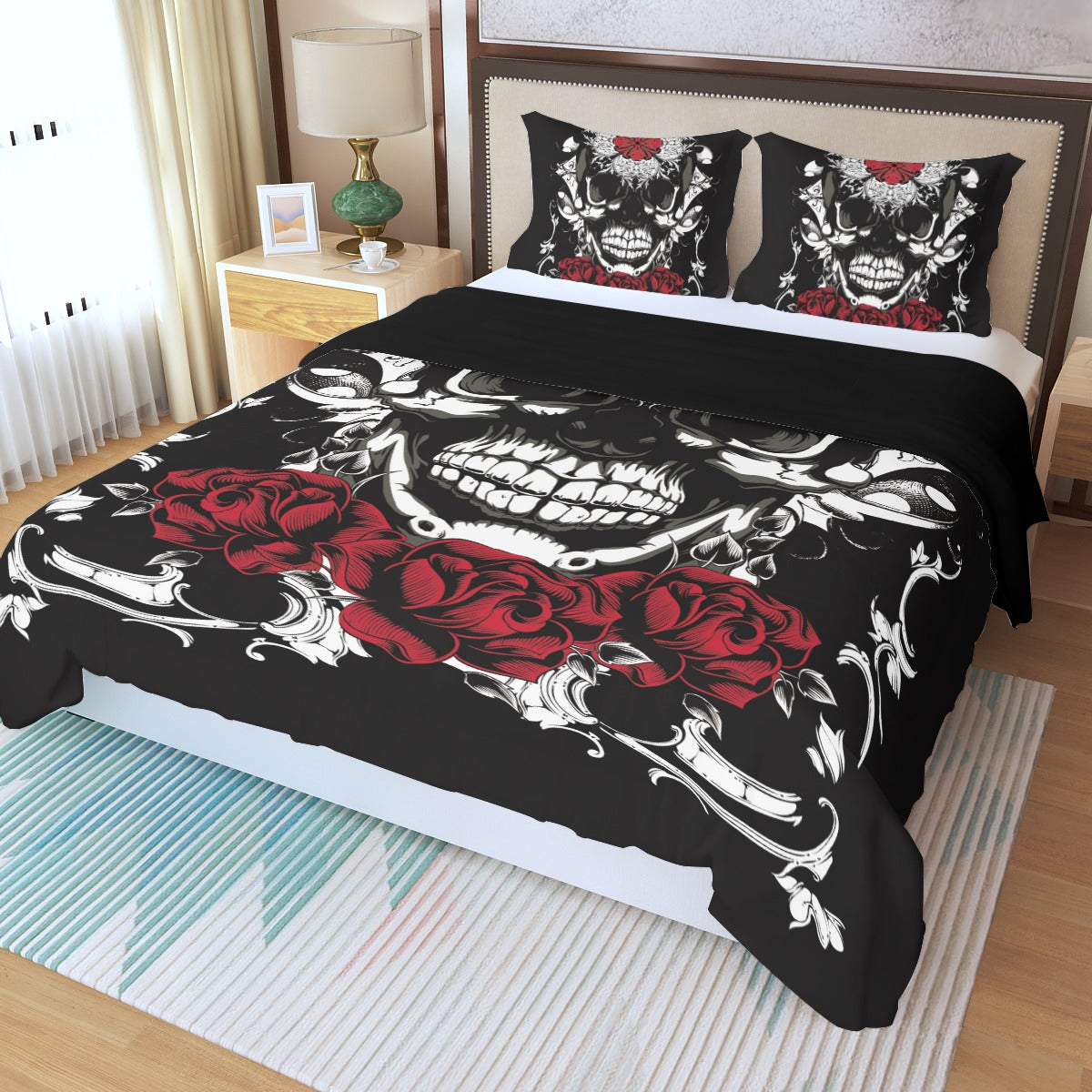 Floral rose skull Three Piece Duvet Cover Set