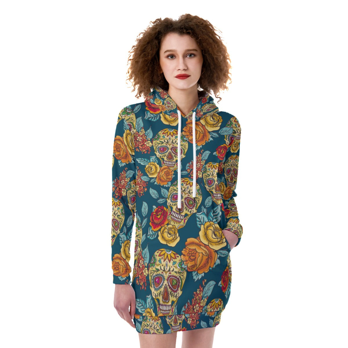 Sugar skull pattern All-Over Print Women's Heavy Fleece Long Hoodie