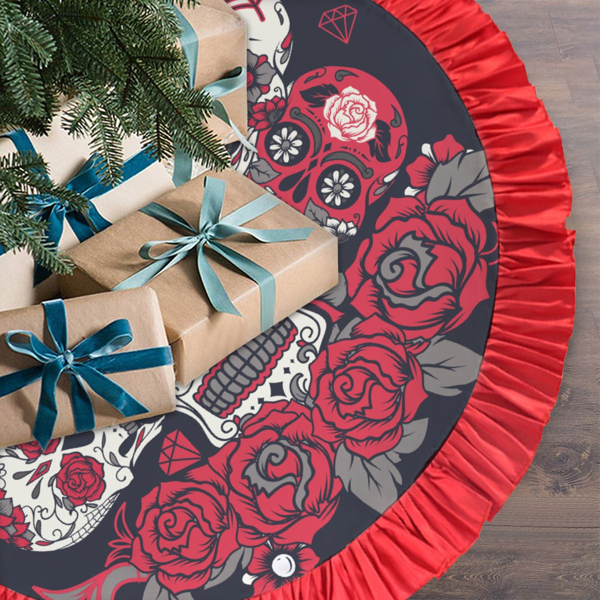 Floral sugar skull Red Christmas Tree Skirt