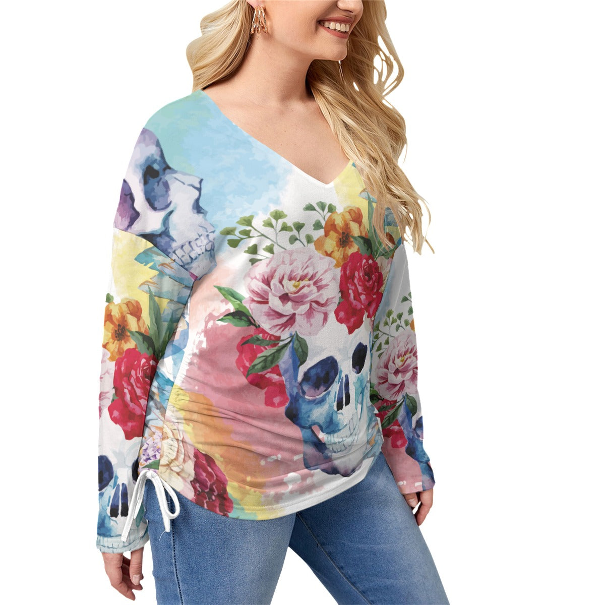Floral skull Women’s V-neck T-shirt With Side Drawstring, sugar skull shirt