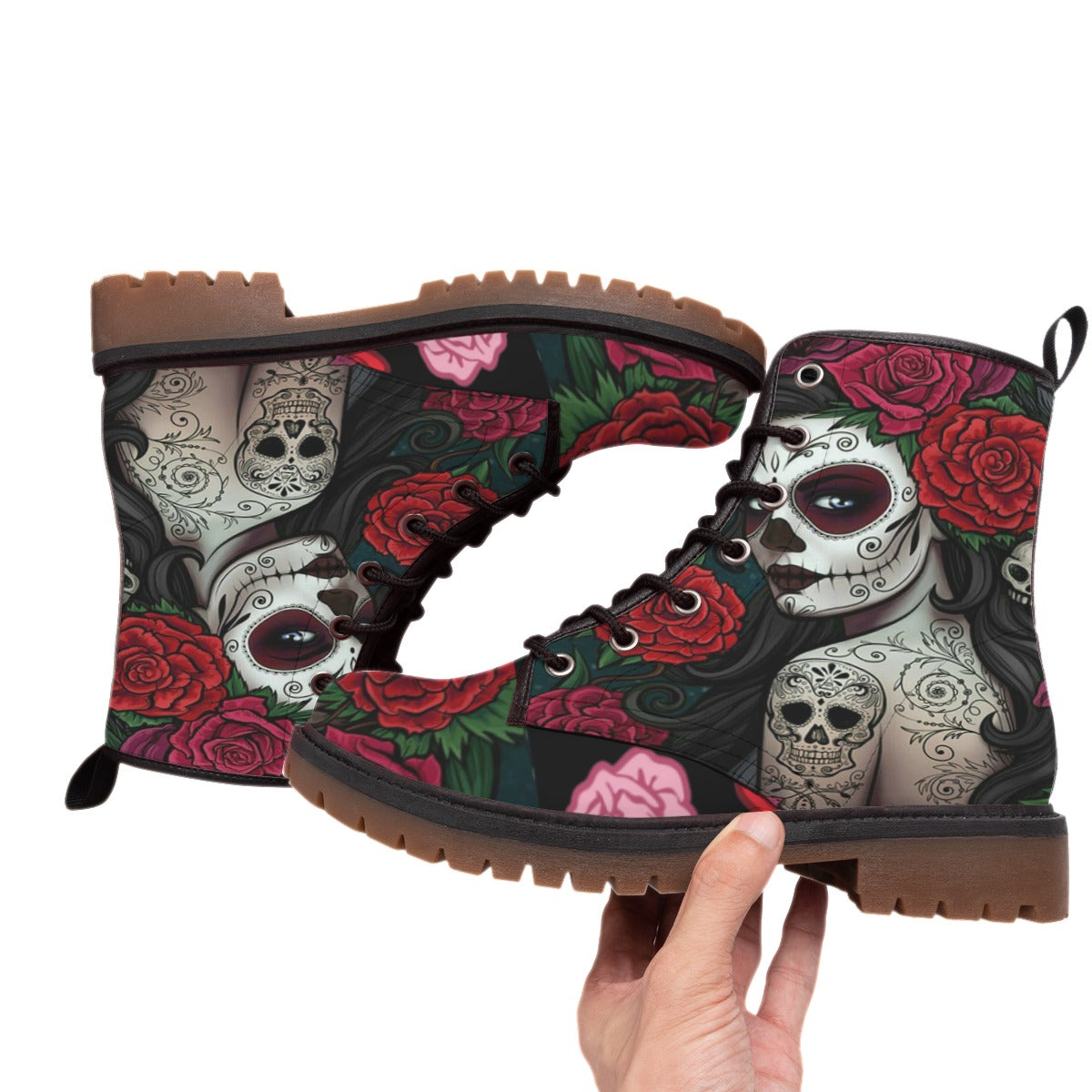 Sugar skull floral girl Women's Martin Short Boots, Day of the dead women's boots