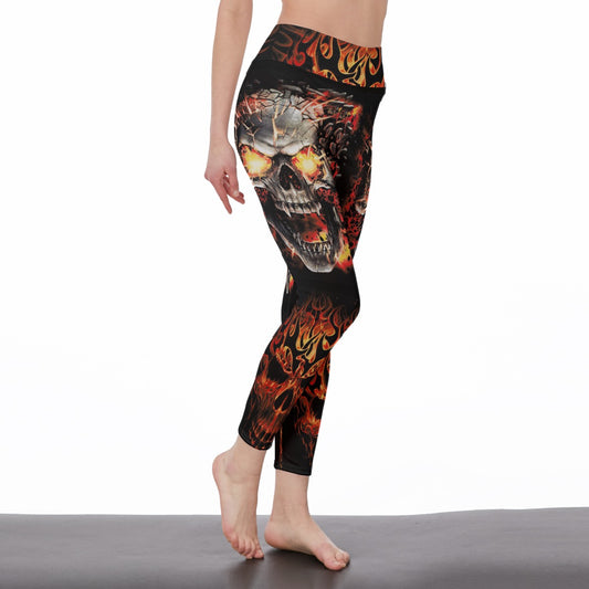 Flaming fire skull Women's Casual Leggings, Gothic skeleton Halloween leggings yoga pants