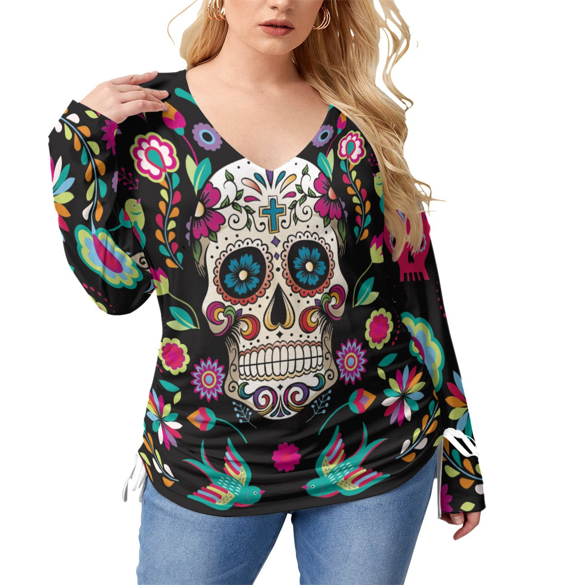 Sugar skull Mexican calaveras Women’s V-neck T-shirt With Side Drawstring(Plus Size)