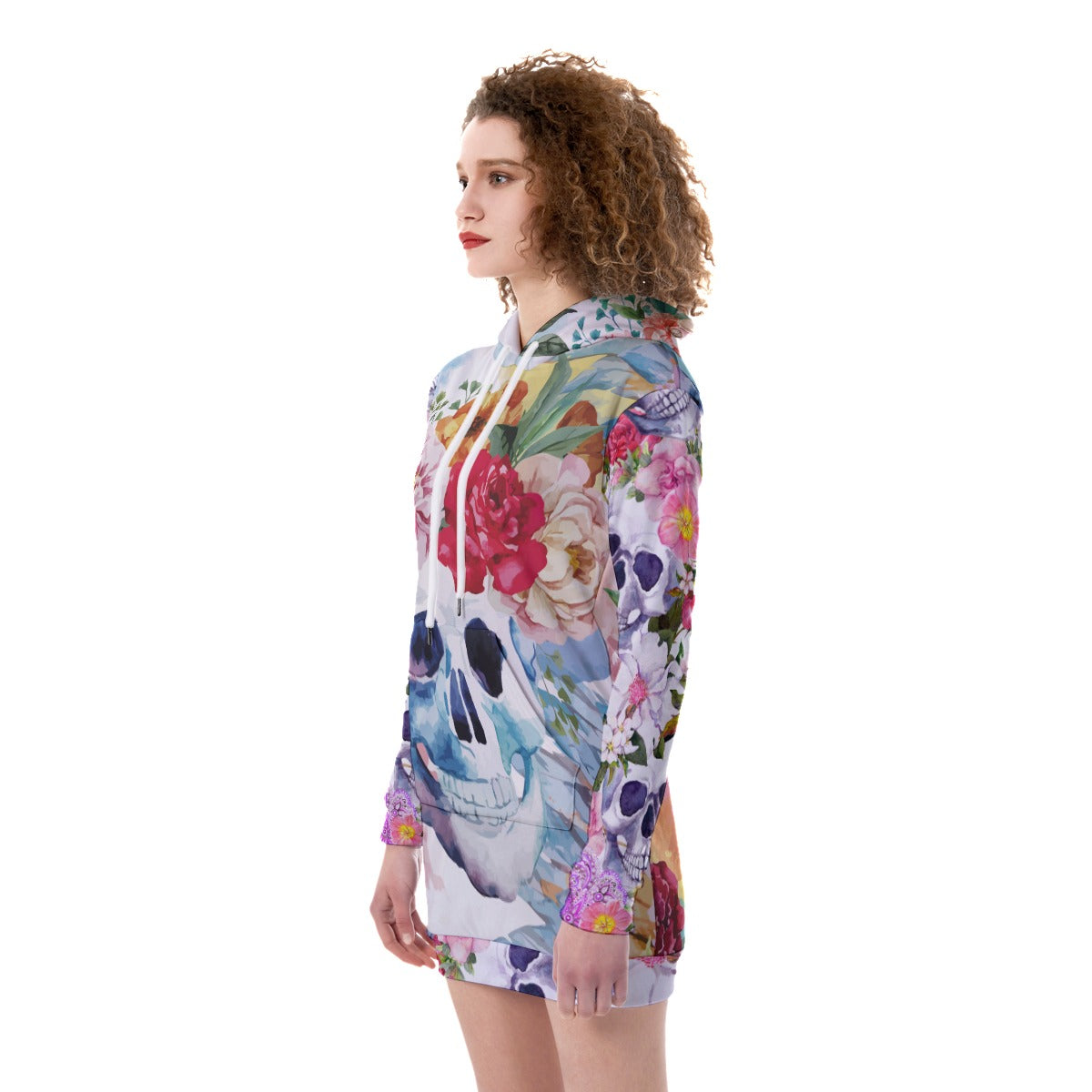 Floral skull All-Over Print Women's Heavy Fleece Long Hoodie