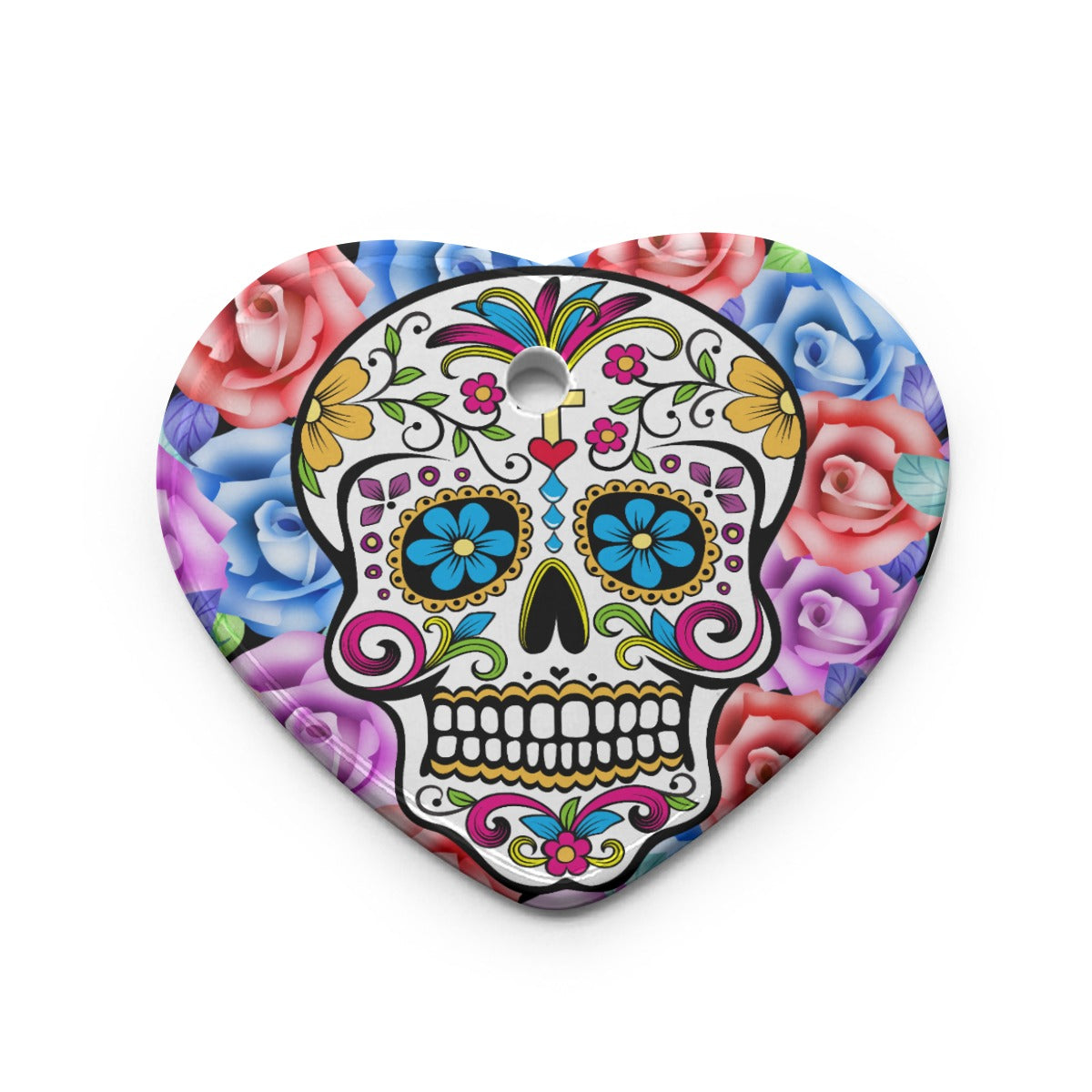 Sugar skull Heart Shaped Christmas Ceramic Pendant, Day of the dead christmas pendant ornament