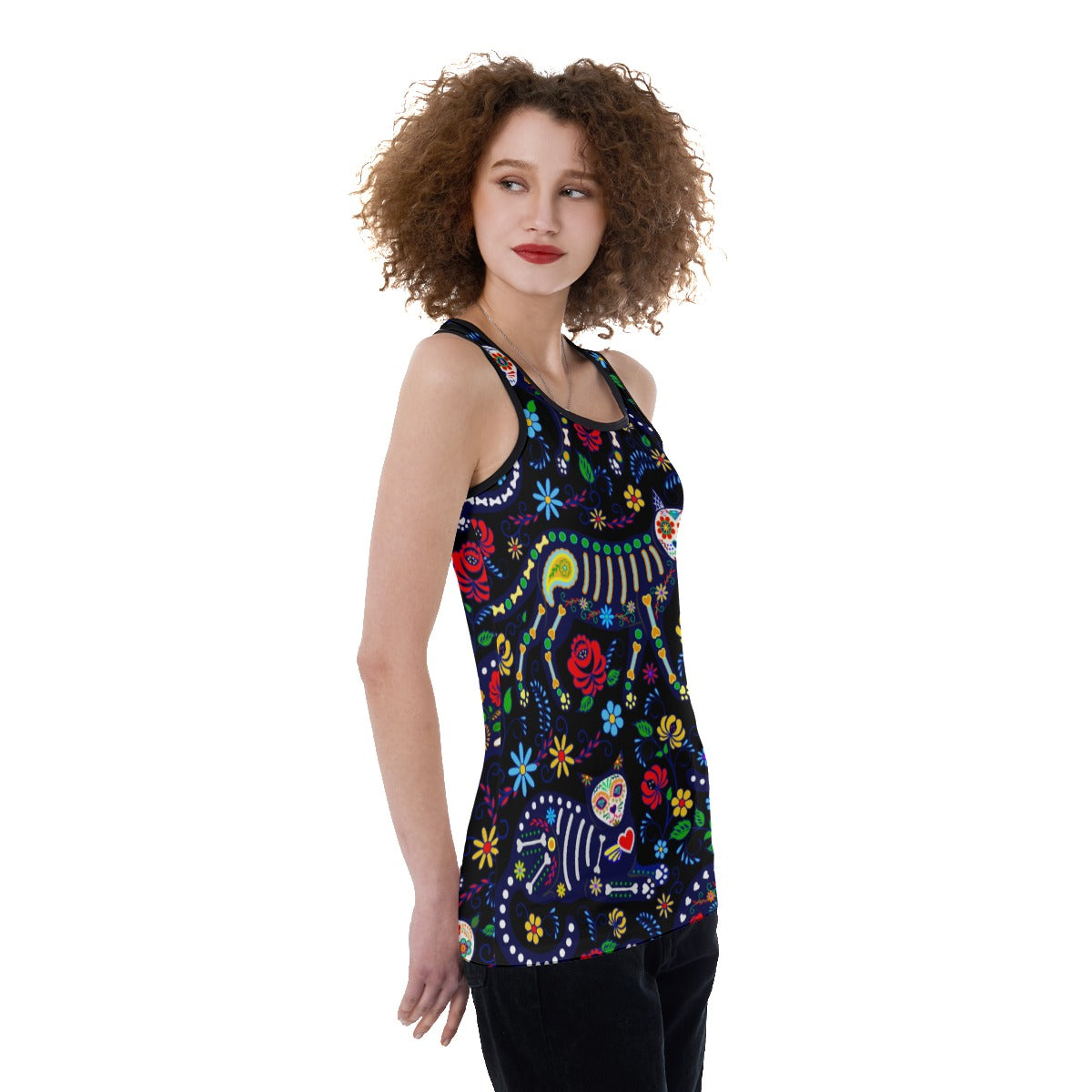 Women's Back Hollow Tank Top Sugar skull cat