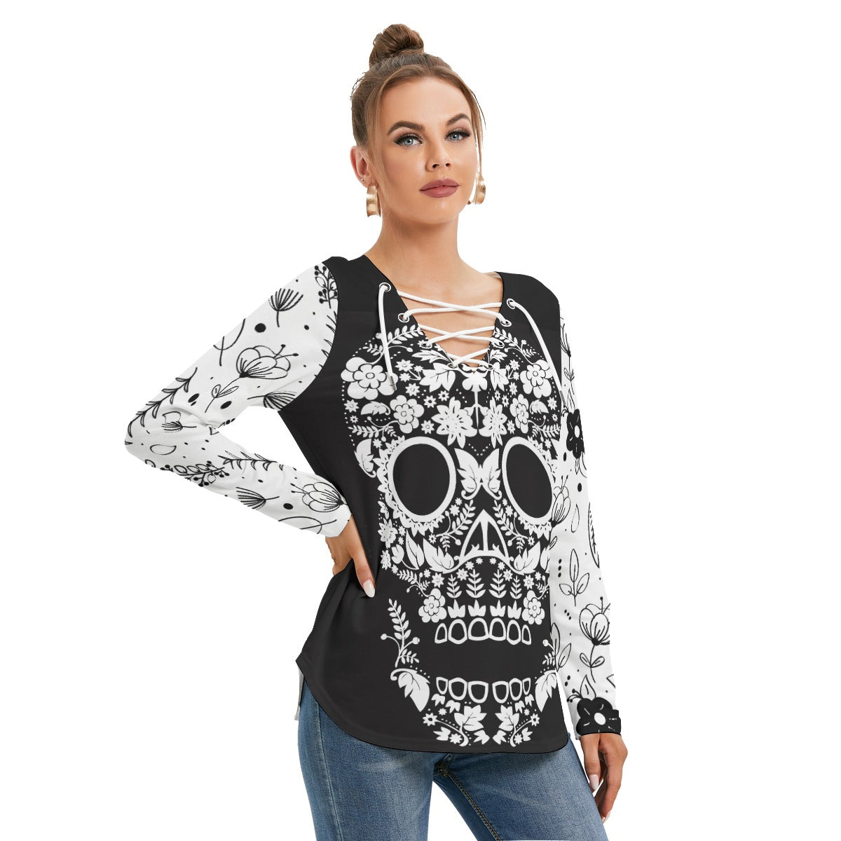 Sugar skull floral pattern Women's Long Sleeve Neckline Tie Sweatshirt