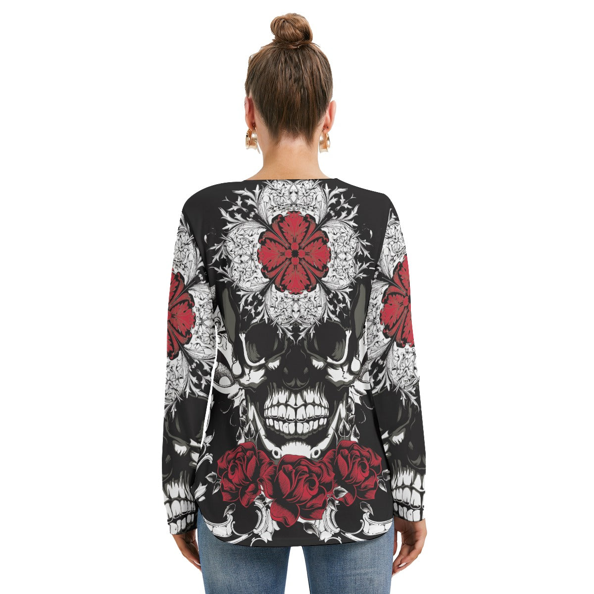 Floral gothic skull Halloween skeleton shirt Women's Long Sleeve Neckline Tie Sweatshirt