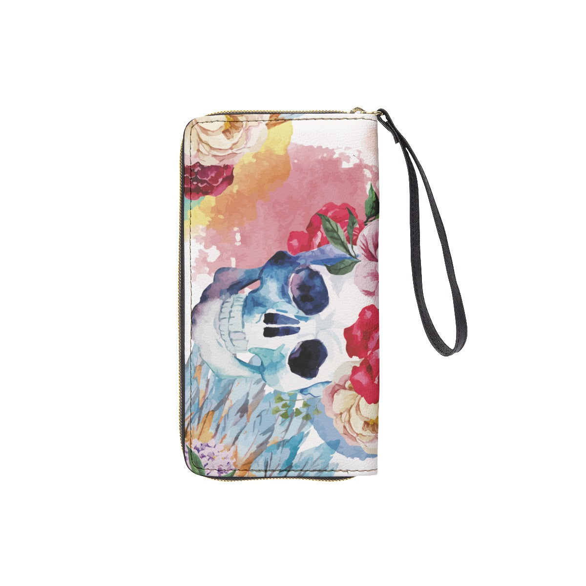 Floral skull Long Wallet With Black Hand Strap, rose skull halloween bag wallet