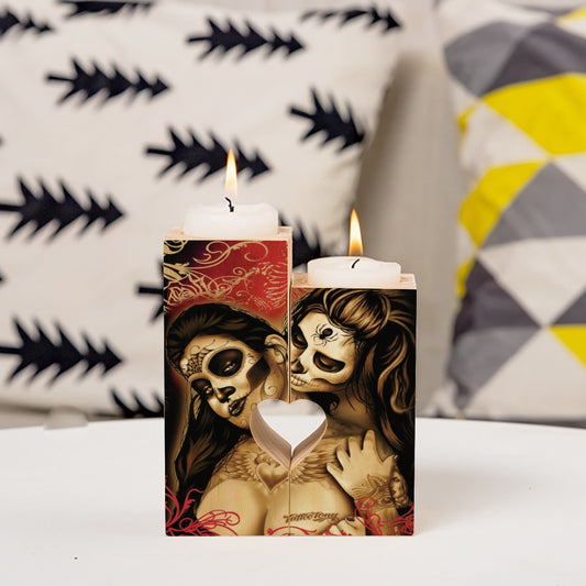 Sugar skull girls Heart Wooden Candlestick, Day of the dead candle holder