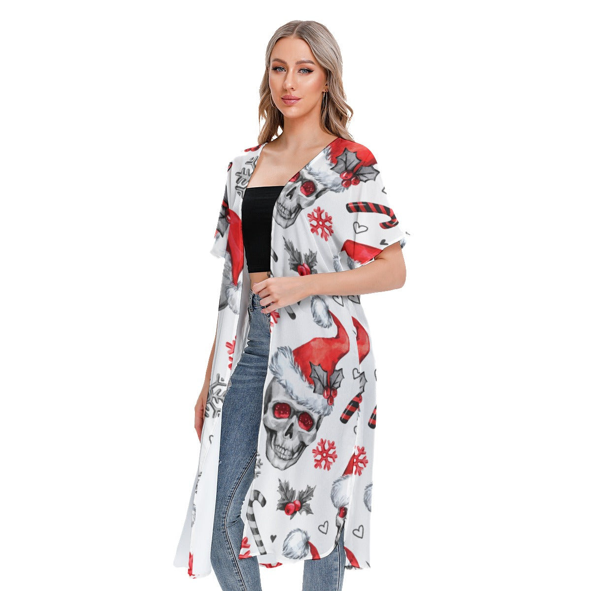 Christmas All-Over Print Women's Short Sleeve Cardigan