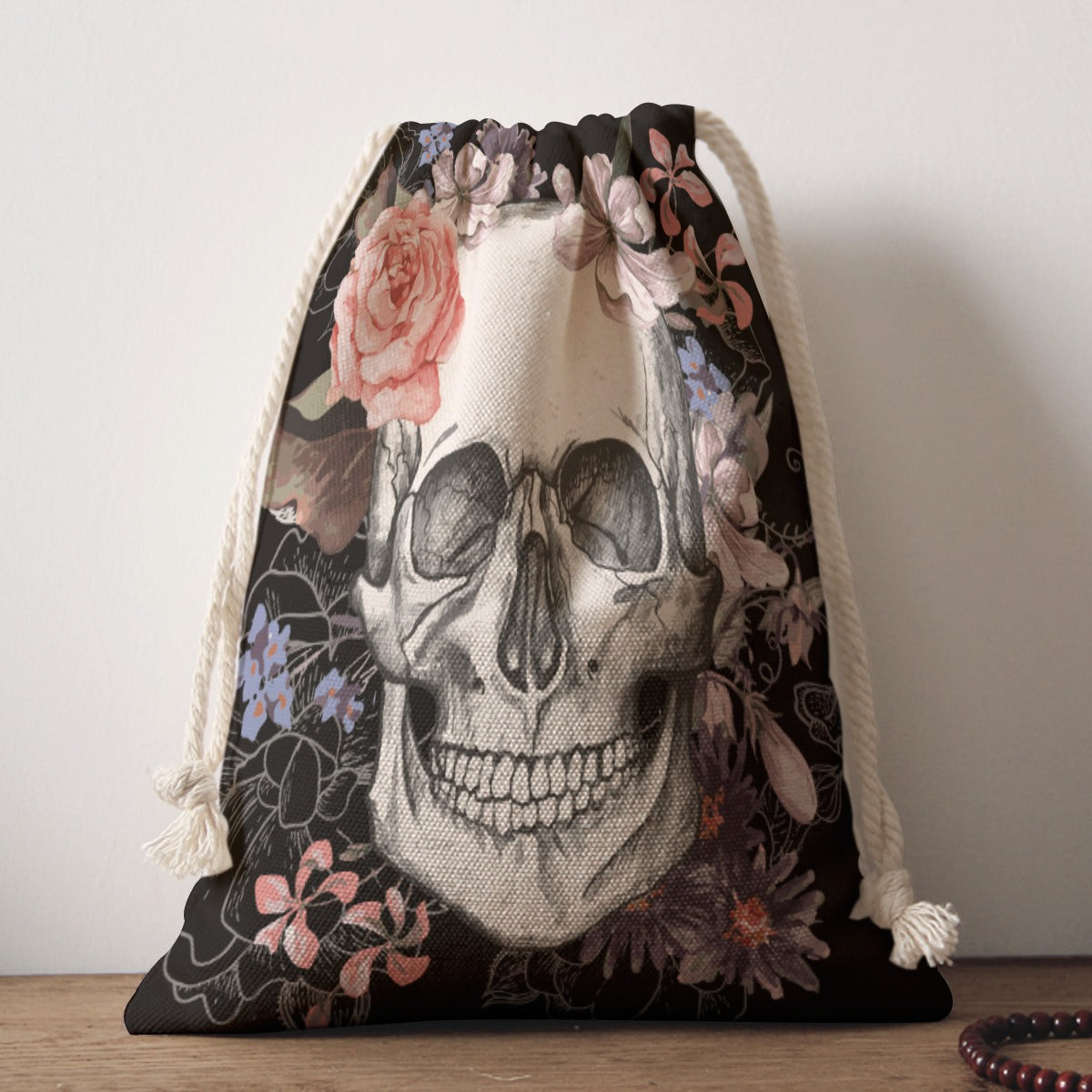 Floral rose skull Drawstring Bag