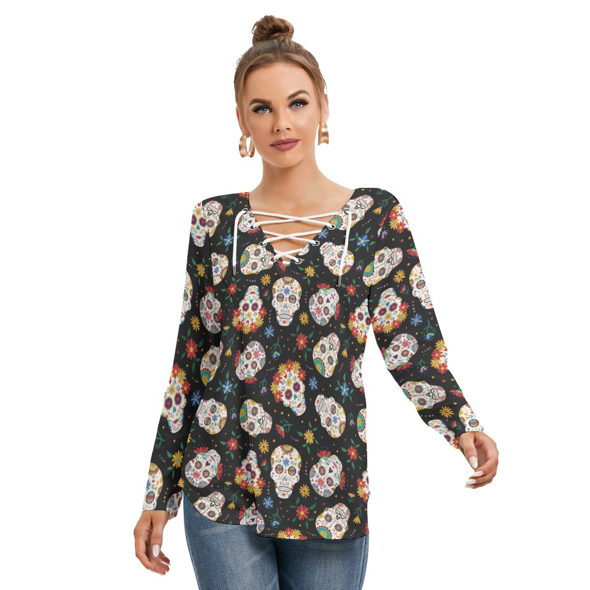 Day of the dead skull Women's Long Sleeve Neckline Tie Sweatshirt