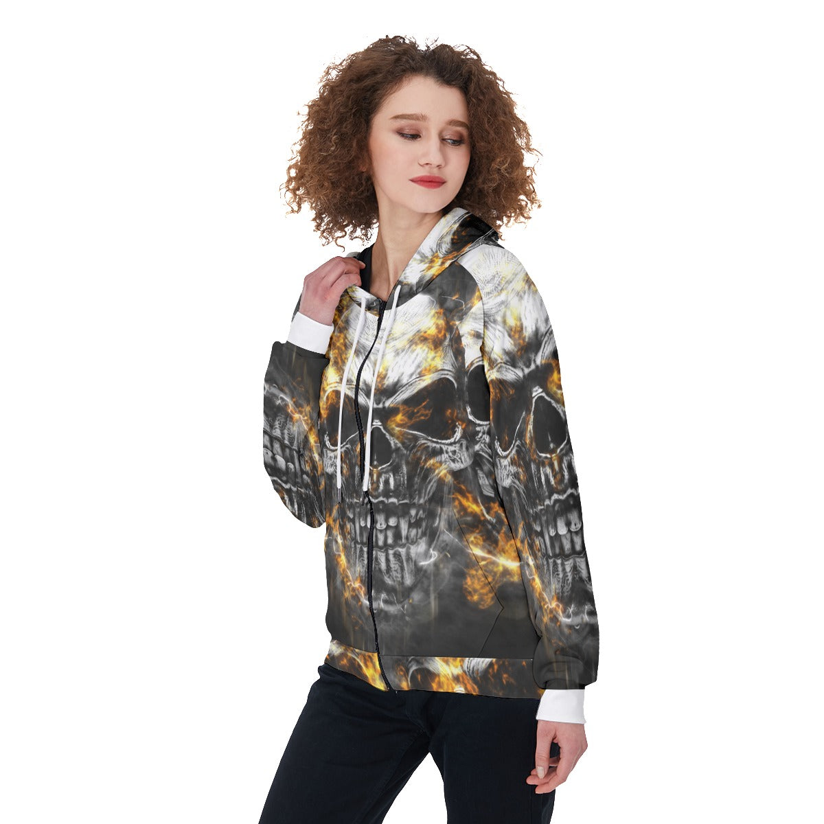 Flaming skull All-Over Print Women's Raglan Zip Up Hoodie