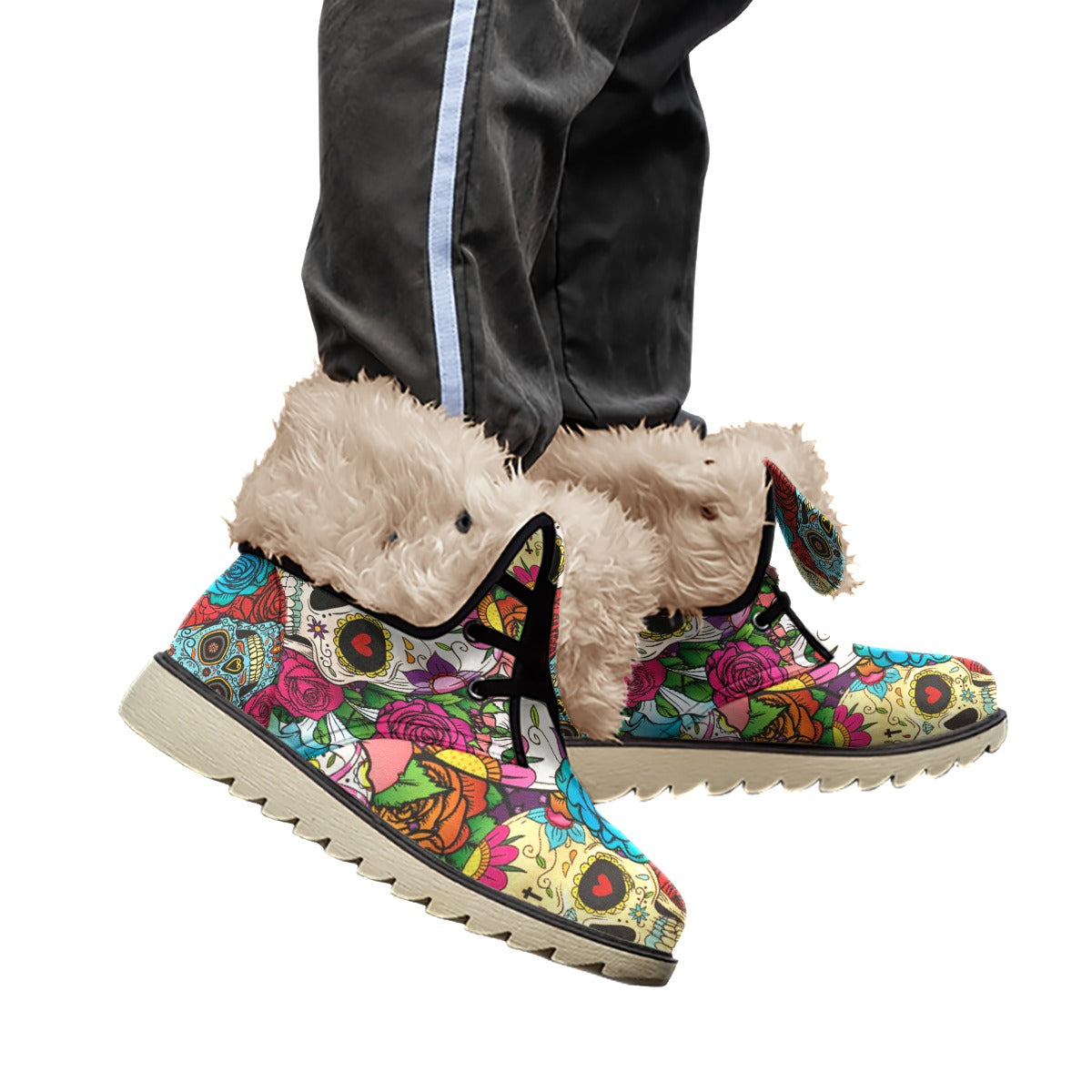 Floral sugar skull day of the dead Women's Plush Boots