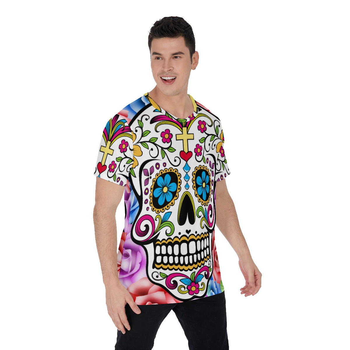 Day of the dead Men's O-Neck T-Shirt, Sugar skull Dia de los muertos skull T-shirt gothic shirt