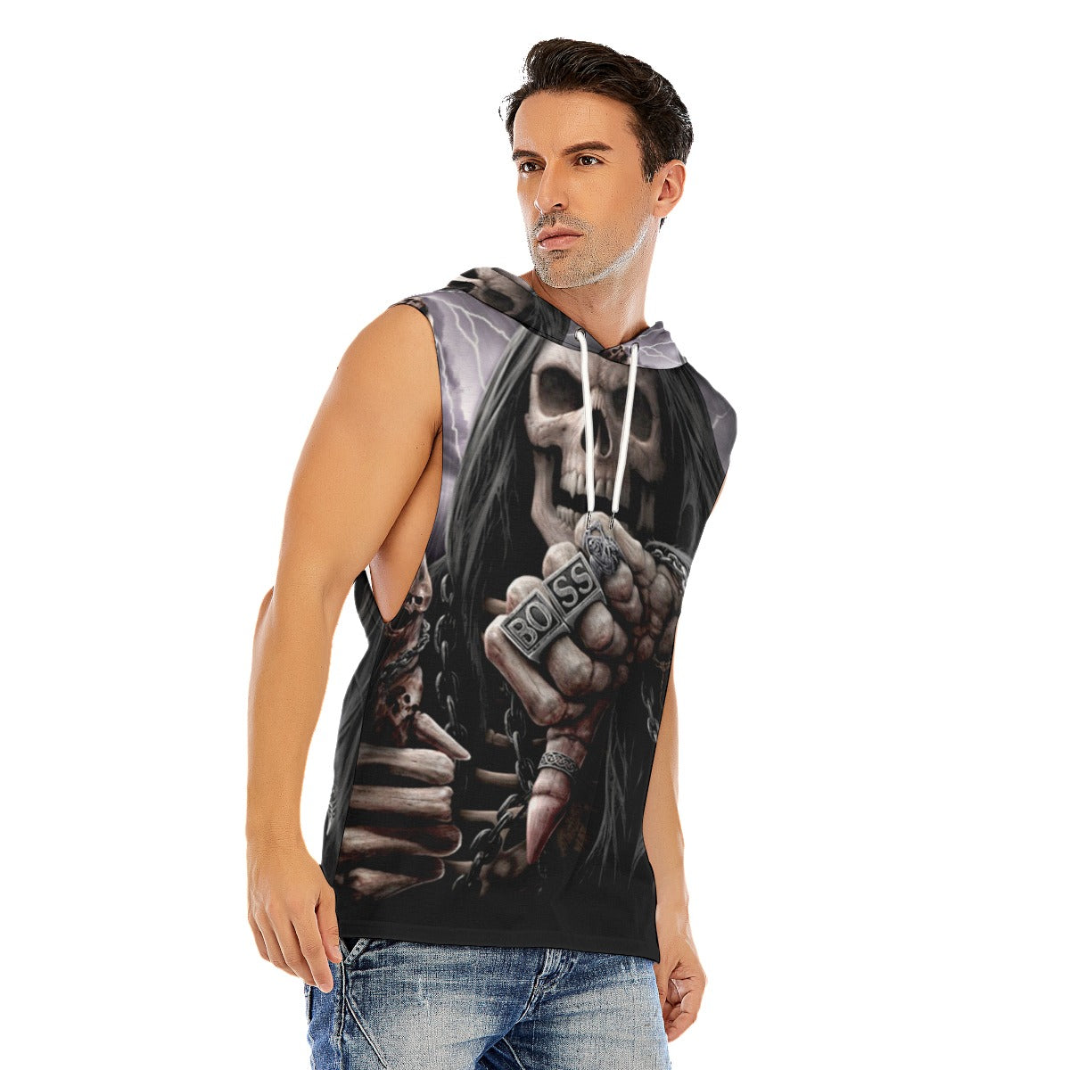 Gothic skull Halloween Men’s Hooded Tank Top, Skeleton Men's tank top, skull hoodie, Horror hooded