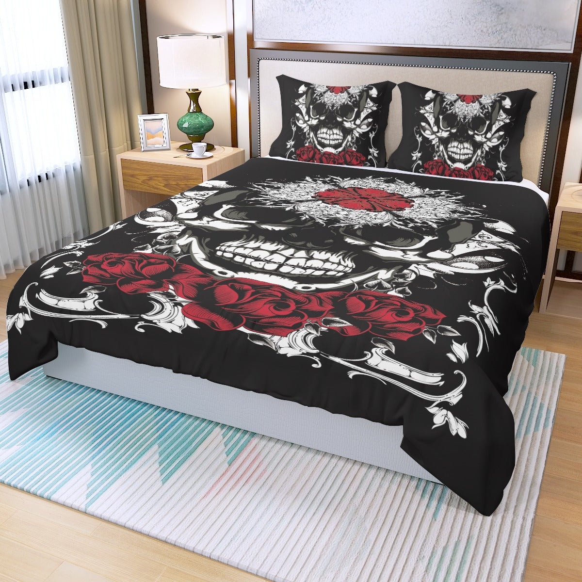 Floral rose skull Three Piece Duvet Cover Set