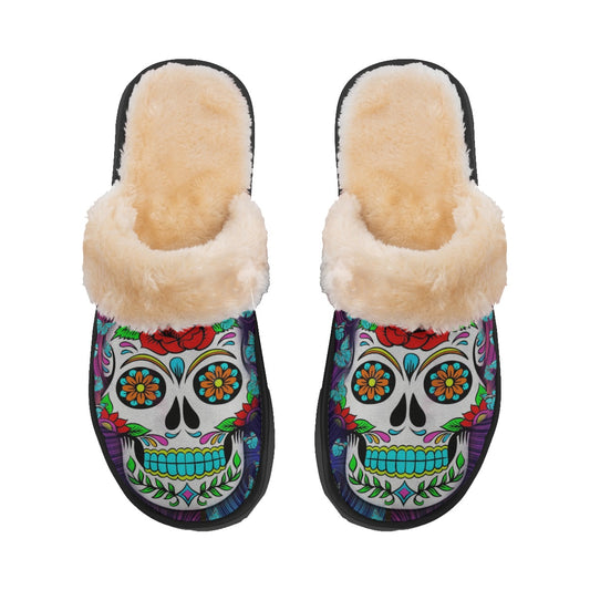 Sugar skull Dia de los muertos skull Women's Home Plush Slippers, Mexican calaveras sandals