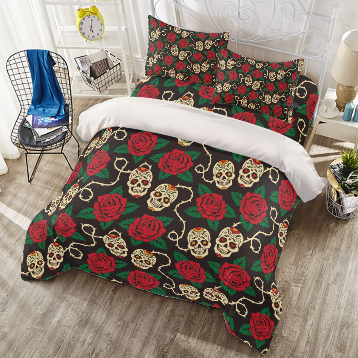 Rose floral sugar skull dia de los muertos Four-piece Duvet Cover Set