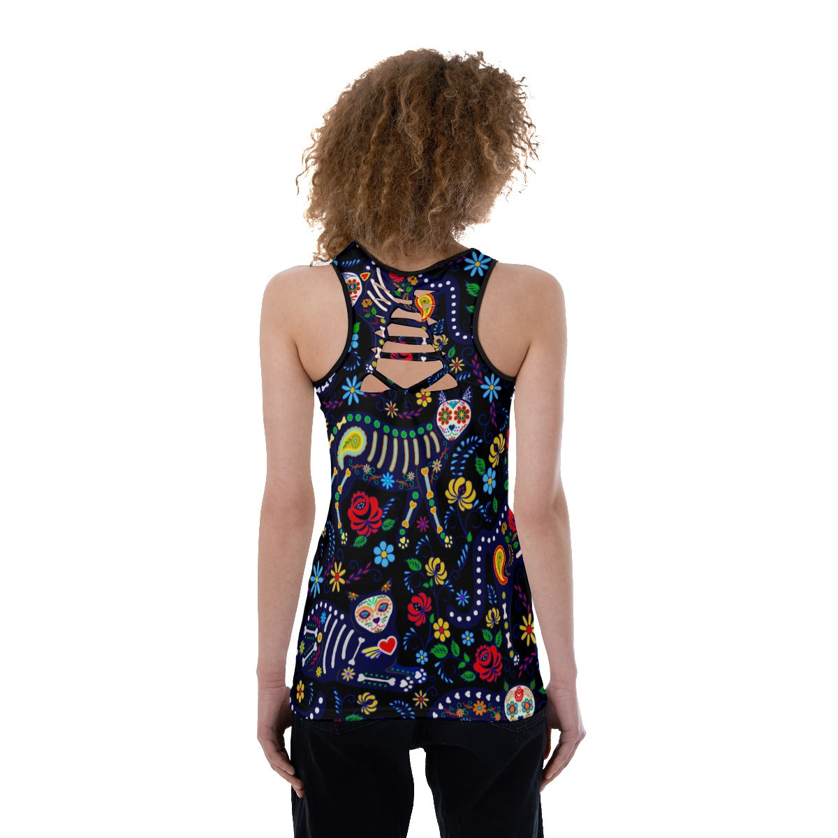 Women's Back Hollow Tank Top Sugar skull cat