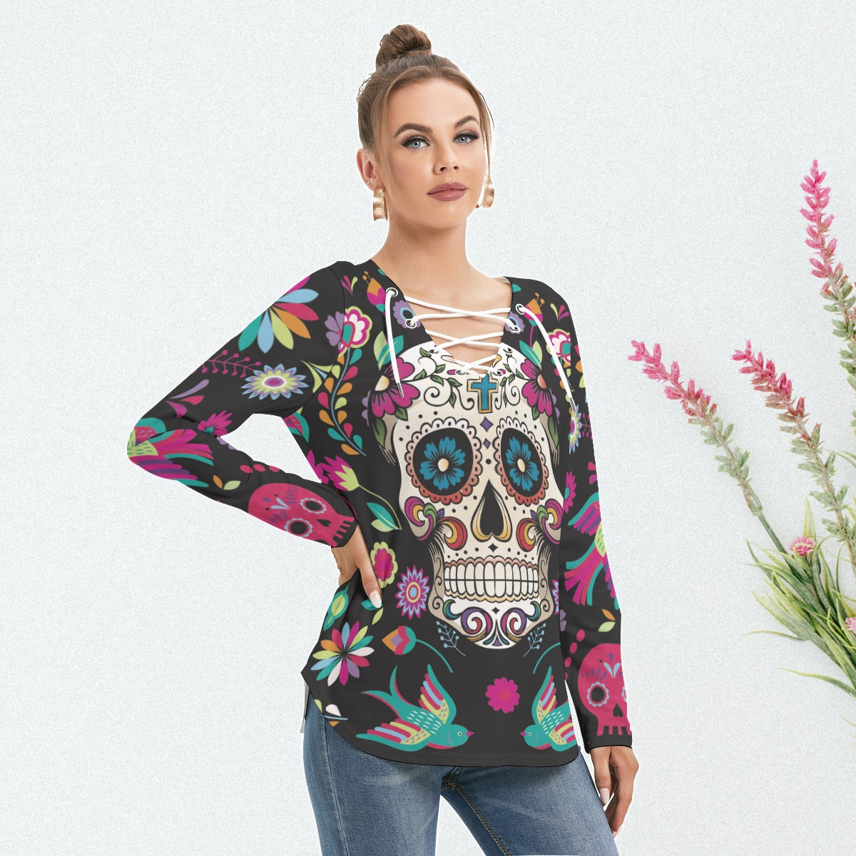 Sugar skull Women Long Sleeve Neckline Tie Sweatshirt