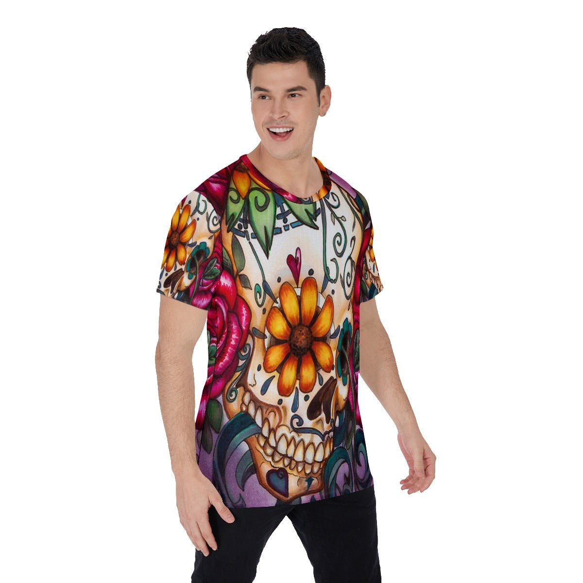 Day of the dead Men's O-Neck T-Shirt, Sugar skull floral tshirt, Gothic Halloween costume