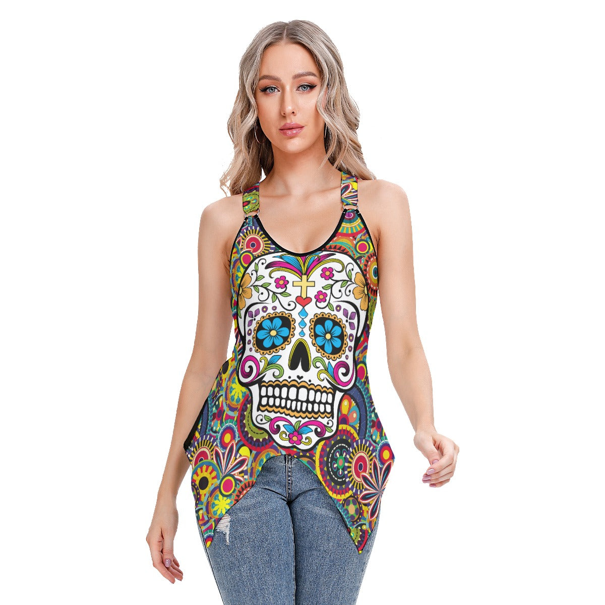 Floral day of the dead sugar skull pattern Women's Skinny Sport Tank Top