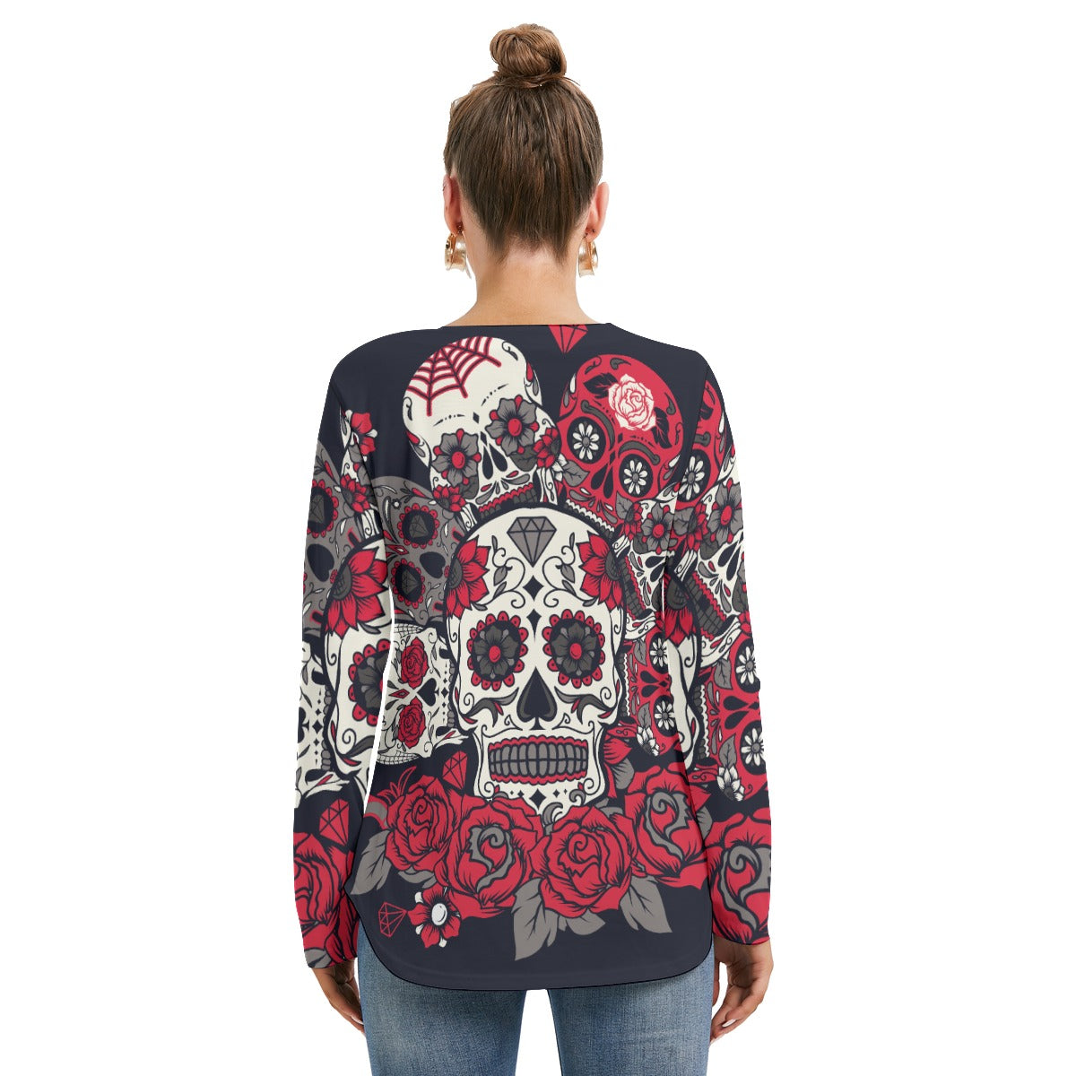 Dia de los muertos candy skull floral Women's Long Sleeve Neckline Tie Sweatshirt