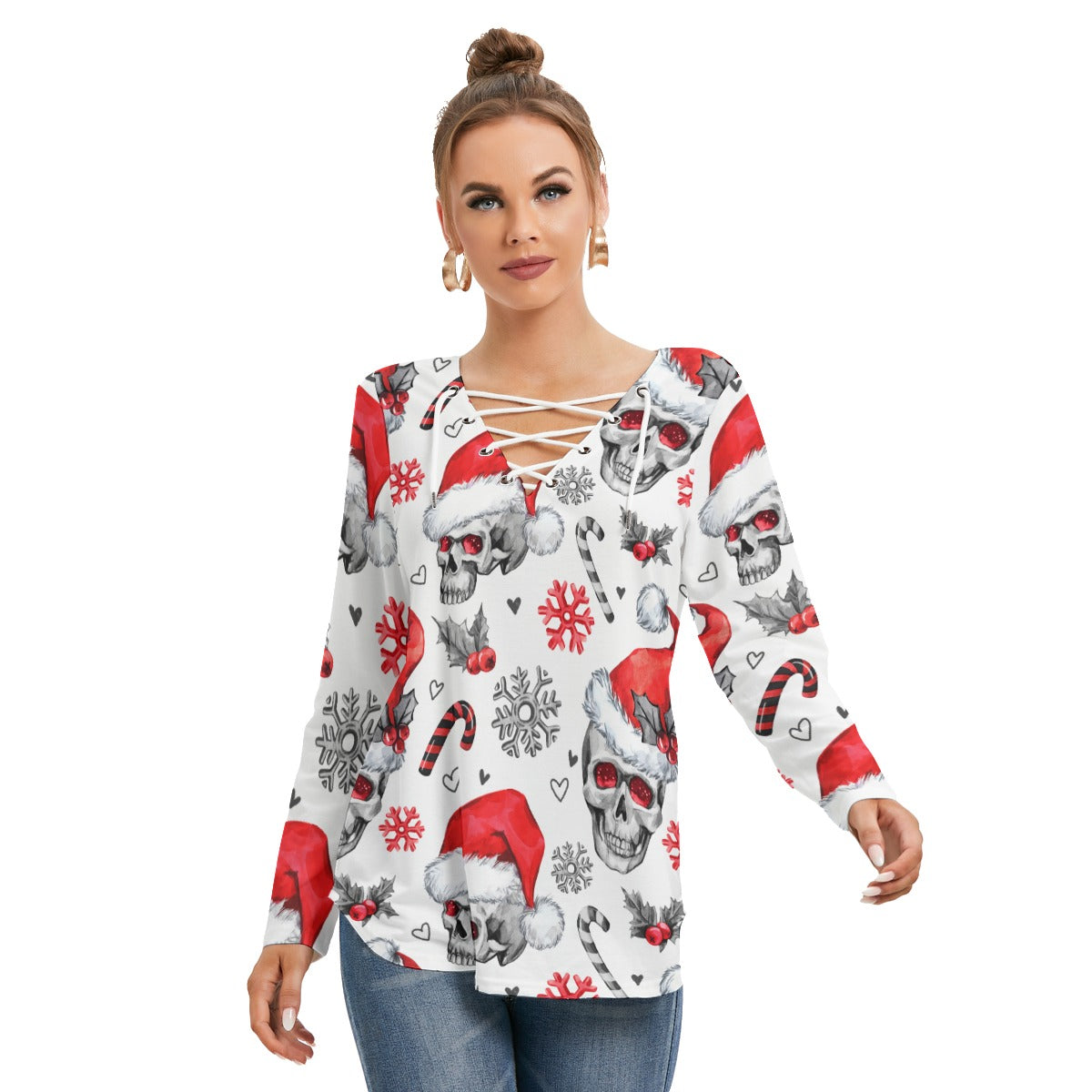 Skull santa claus Women's Long Sleeve Neckline Tie Sweatshirt