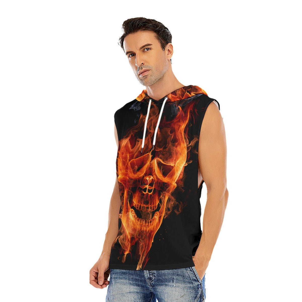 Flaming skull Men’s Hooded Tank Top, Gothic fire skeleton Hooded tank top for men