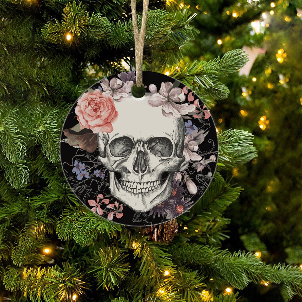 Floral skull Round Christmas Ceramic pendant, Skeleton skull ornament, skeleton christmas ornament