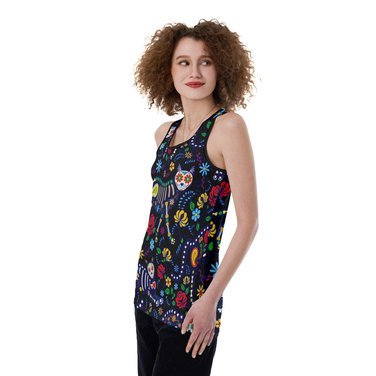 Women's Back Hollow Tank Top Sugar skull cat