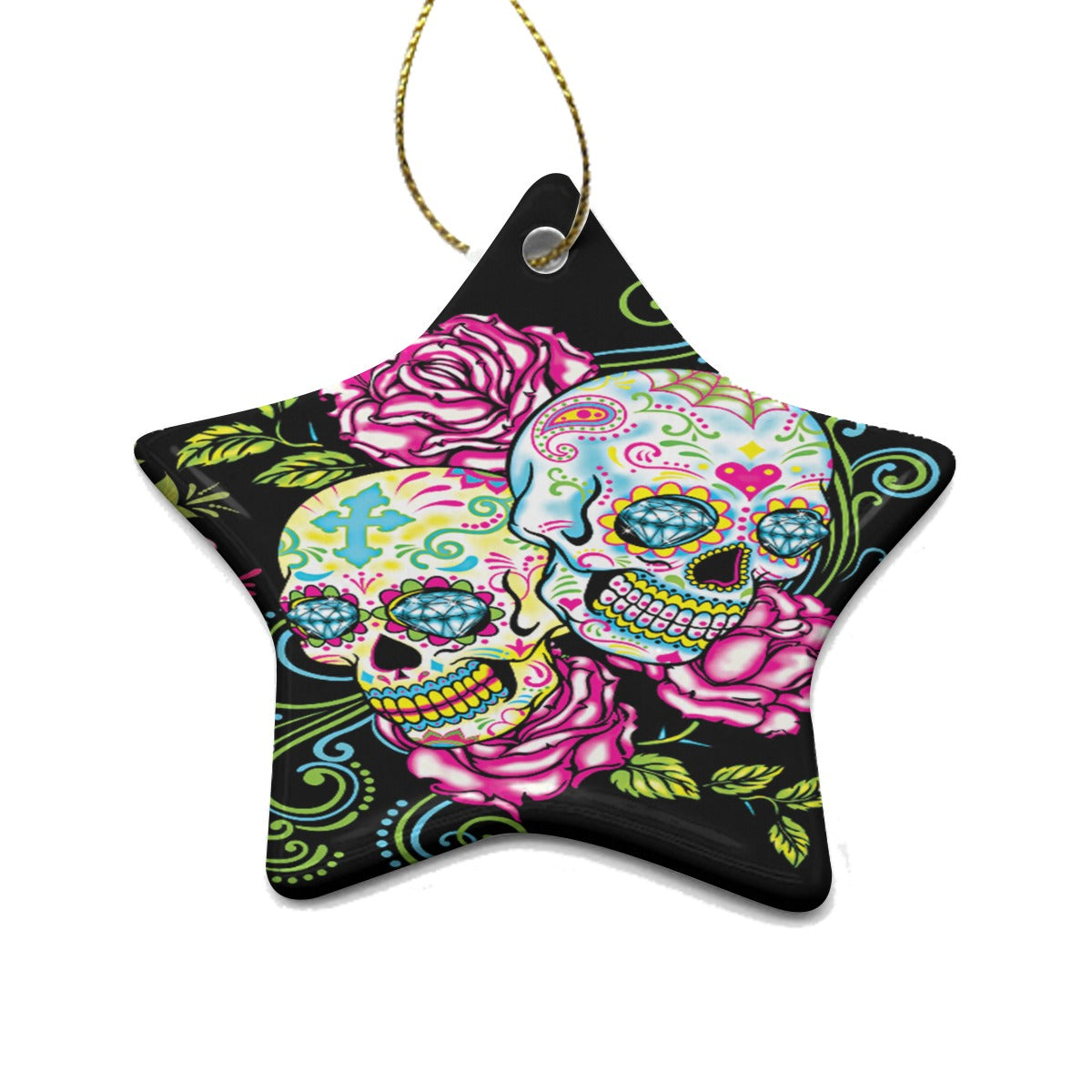 Floral sugar skull Pentagram Shape Christmas Ceramic Pendant