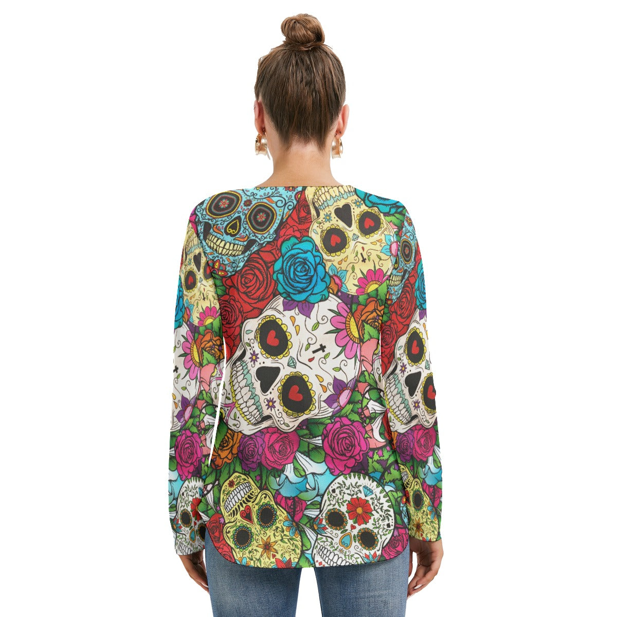 Sugar skull Women's Long Sleeve Neckline Tie Sweatshirt