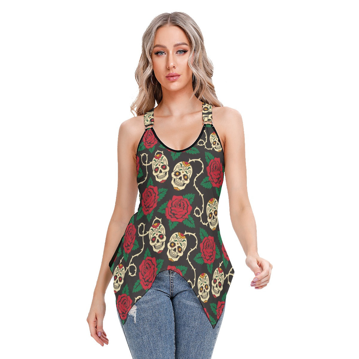 Floral skull day of the dead skeleton Women's Skinny Sport Tank Top
