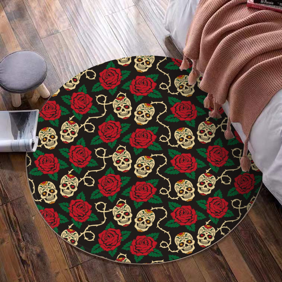 Dia de los muertos pattern day of the dead Halloween Foldable round mat carpet