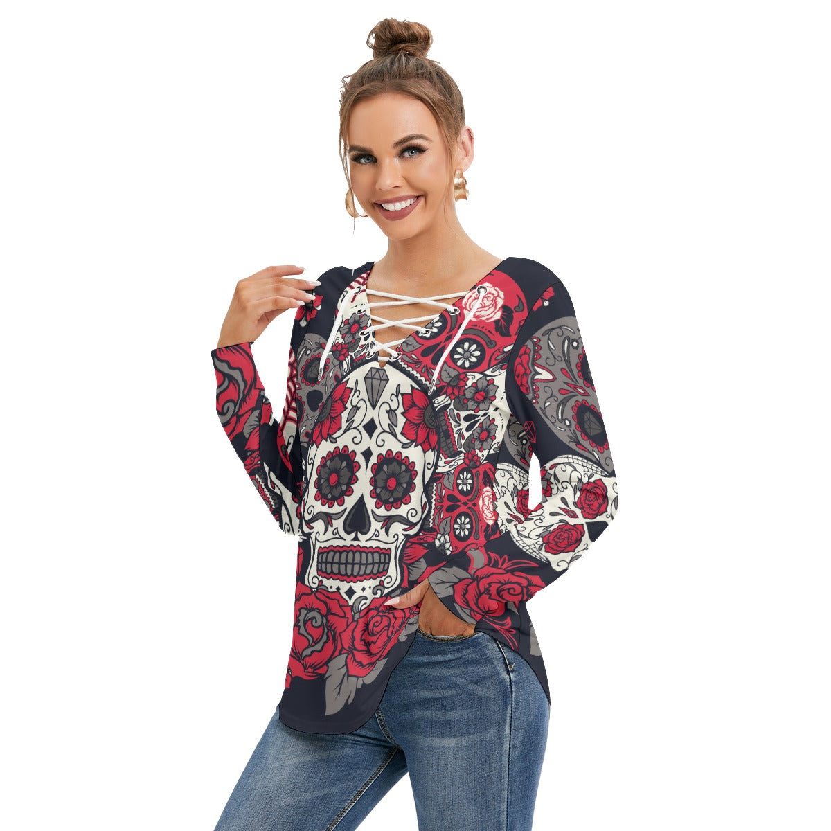 Dia de los muertos candy skull floral Women's Long Sleeve Neckline Tie Sweatshirt