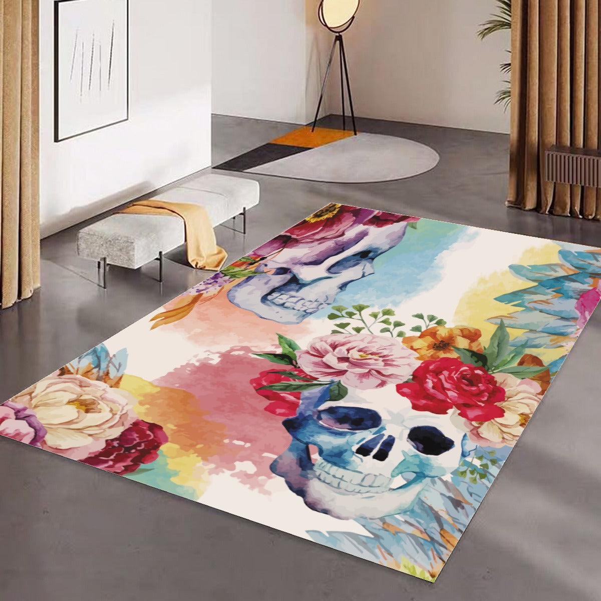 Floral skull Foldable Floor Mat, Rose skeleton Halloween carpet home decoration