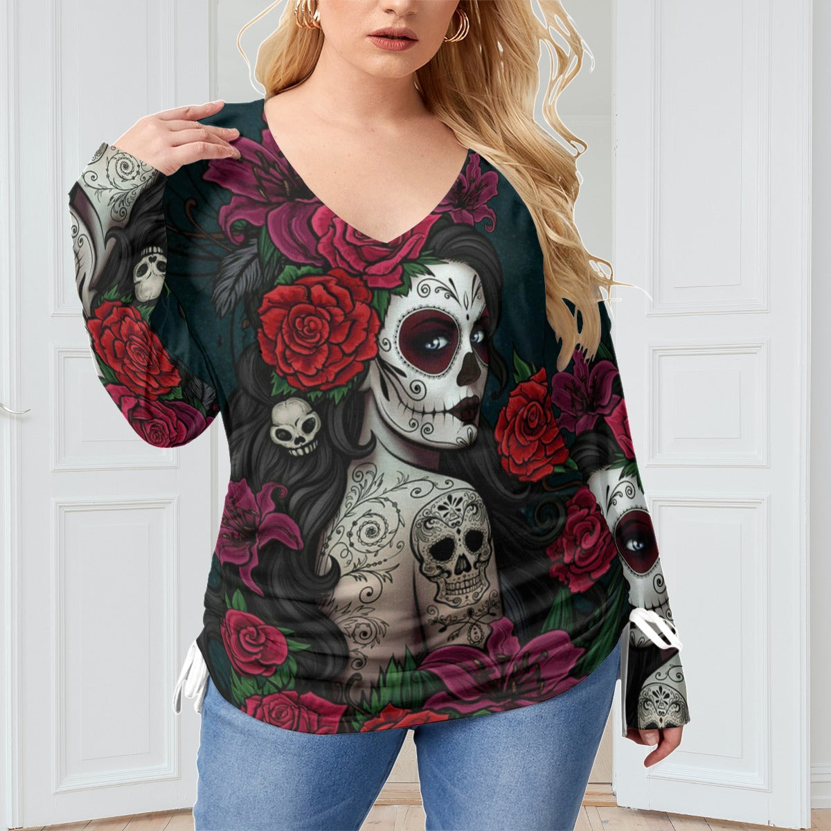 Sugar skull girl Women’s V-neck T-shirt With Side Drawstring(Plus Size)