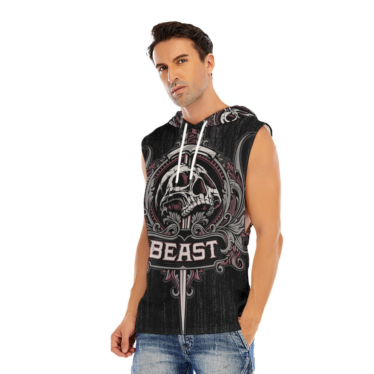 BEAST skull Men’s Hooded Tank Top, Gothic evils skeleton Hooded tank top for men