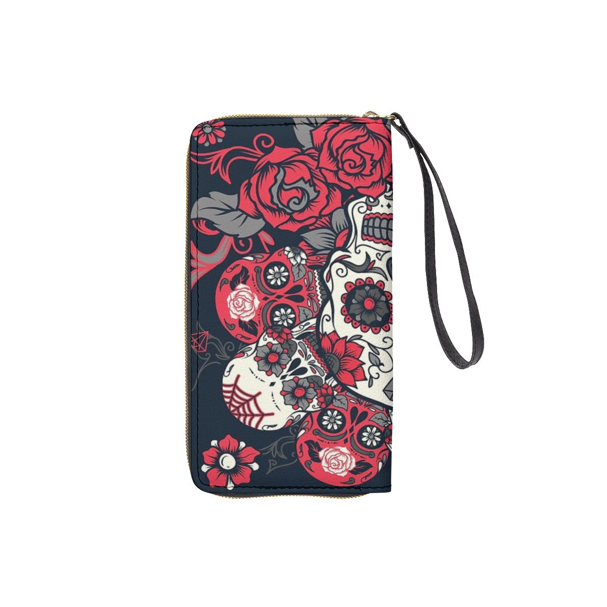 Day of the dead Long Wallet With Black Hand Strap, Sugar skull wallet clutch bag purse