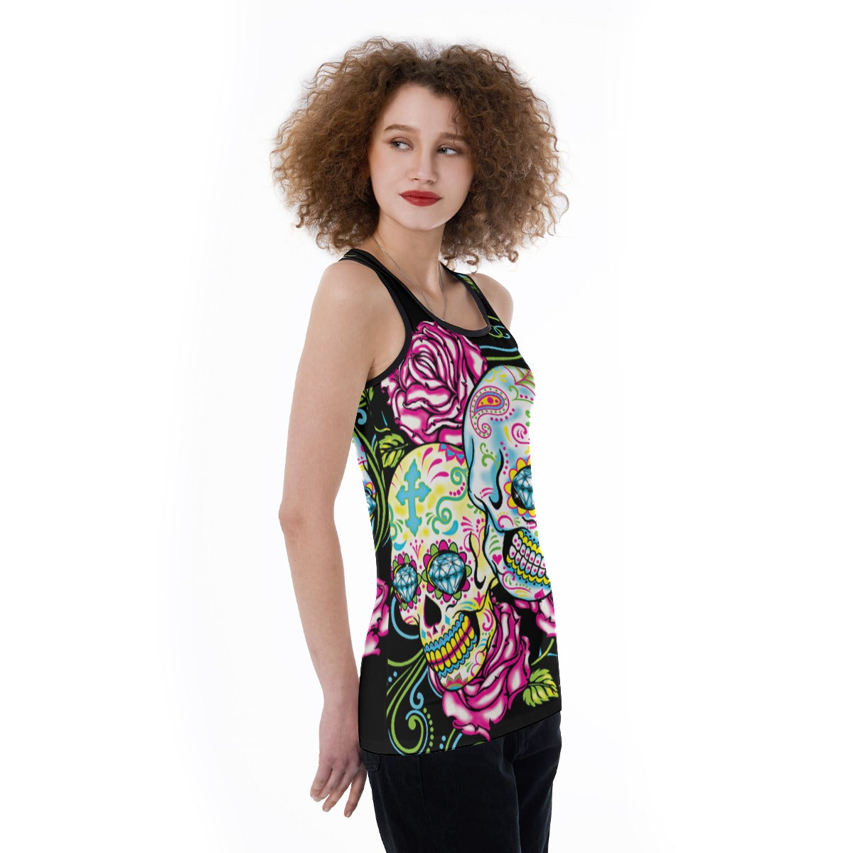 Day of the dead skull Women's Back Hollow Tank Top, sugar skull gothic tank top