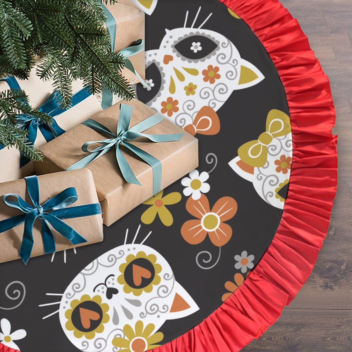 Cat sugar skull Red Christmas Tree Skirt